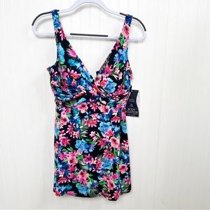 Body Sculptor by Magic Brands NWT Black & Multicolor Floral One Piece Swim Dress